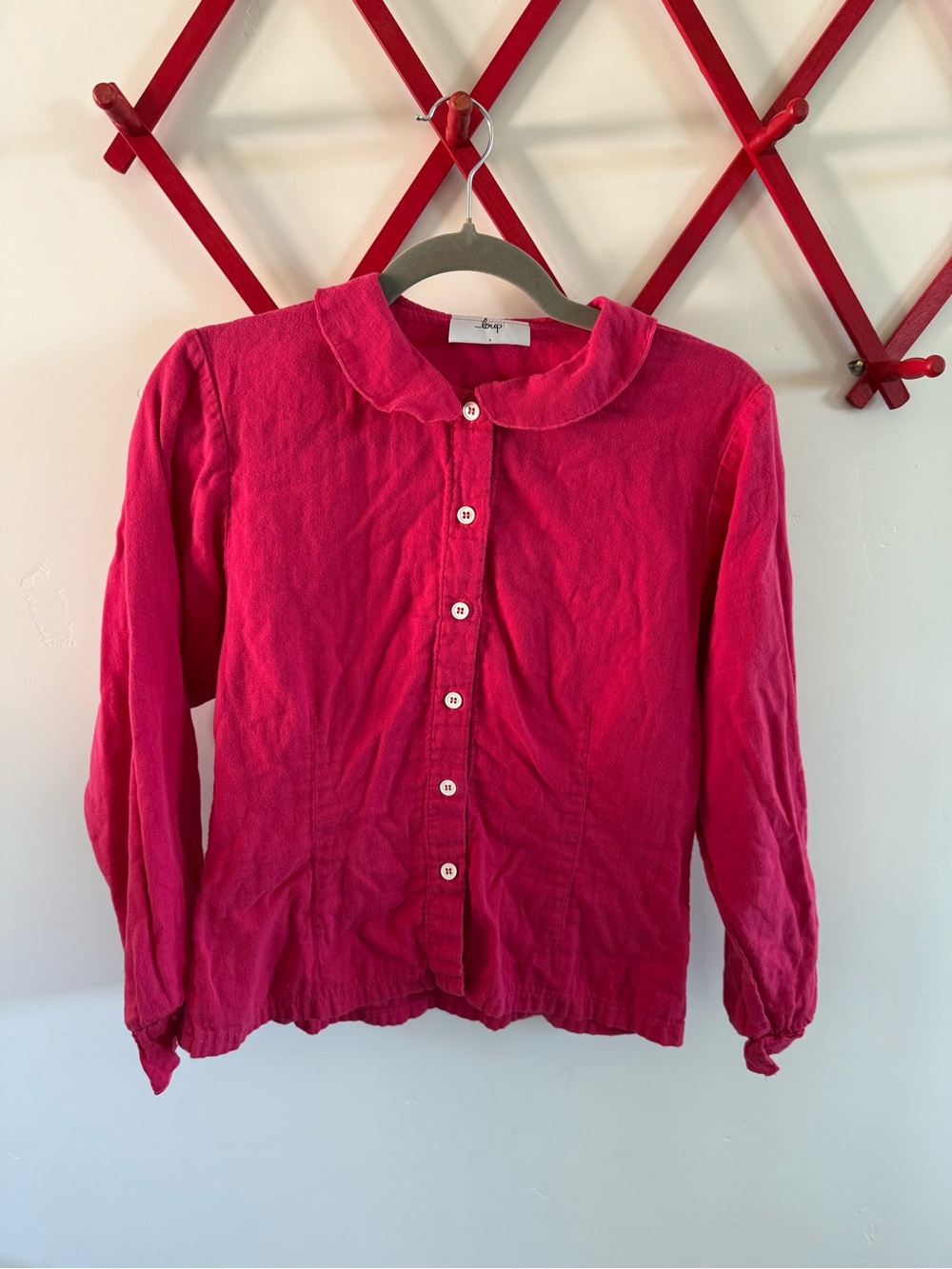 Bright Pink Button-Up Blouse with Peter Pan Collar and Ruffle Sleeves